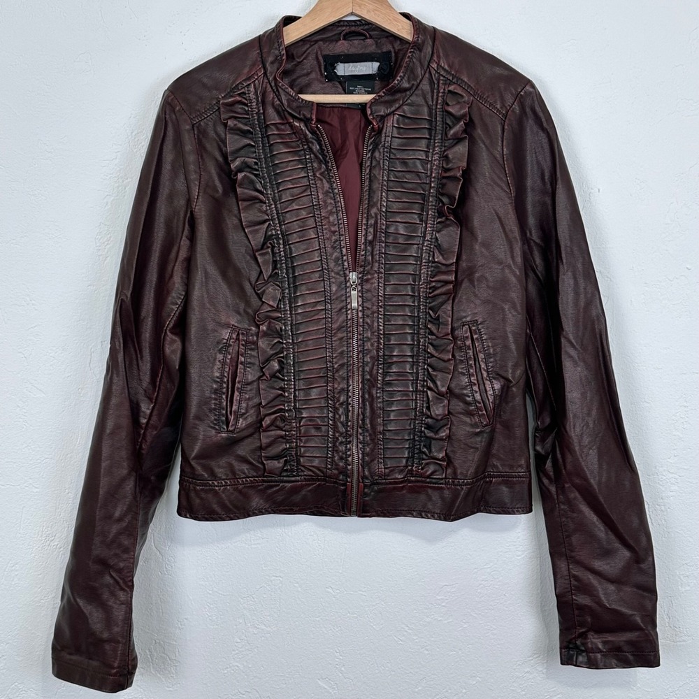 Womens Festival Indie Moto Faux Leather Jacket Sz Large Burgundy Ruffle Zip